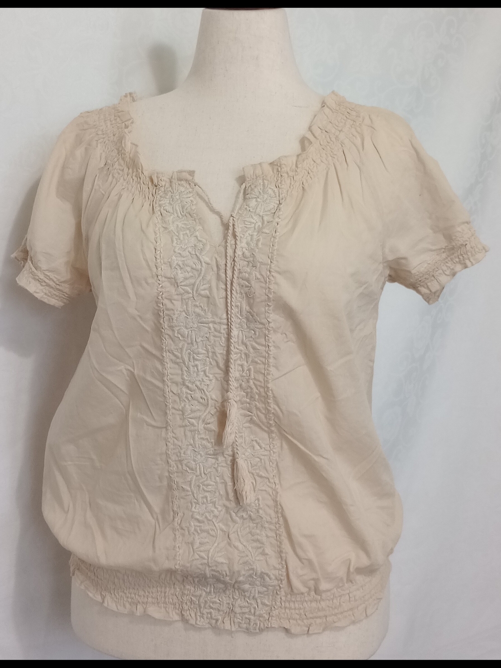 Grace Elements Cream Smocked Peasant Blouse with Tassel Tie